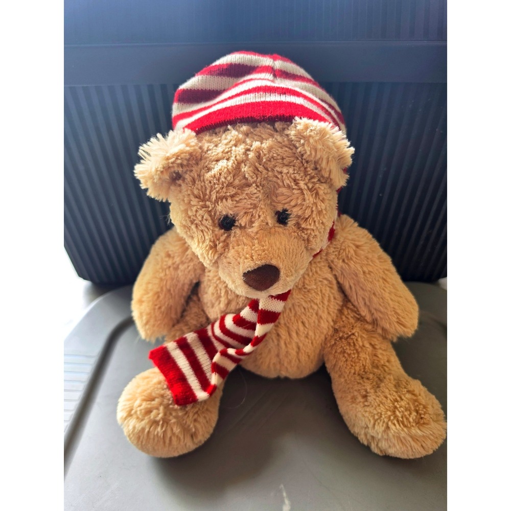 Aeropostale Tan Plush Teddy Bear Red White Striped Beanie Scarf Holiday 12 Inch